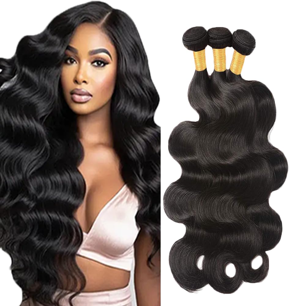 #1B Human Hair Bundles Natural Color Body Wave Bundles 12 12 12 Inch Unprocessed Brazilian Virgin Hair 3 Bundle 50 Gram Per Bundle Deals Quick Weave Hair Extensions