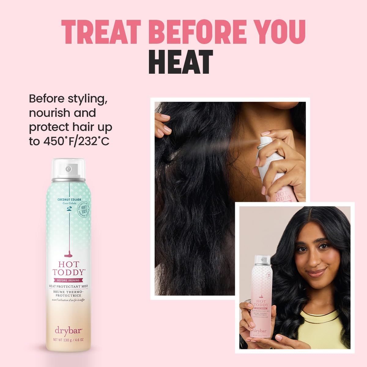 Drybar Hot Toddy Heat Protectant Mist for Hair, Lightweight Formula, Protects from Heated Styling, Straightening and Curling Irons, Coconut Colada Scent, Full Size, 4.6 Oz.