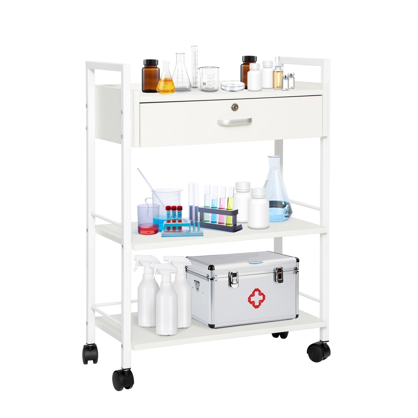 biosp Salon Trolley Cart, 3 Tier Trolley On Wheels, Wooden Medical Dental Esthetic Mobile Utility Cabinet with Steel Frame, White Rolling Storage Station with 1 Lockable Drawer for Spa, Massage
