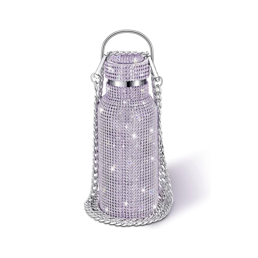 Rhinestones Water Bottle Rhinestone Water Bottle Glitter Tumbler, Thermal with Chain Bling Cups ﻿(350ml,Purple)