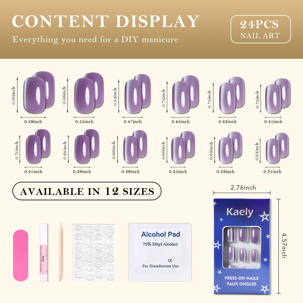Cat Eye Press-On Nails - Lavender Purple Medium Square | Reusable Gel Acrylic with Holographic Glitter