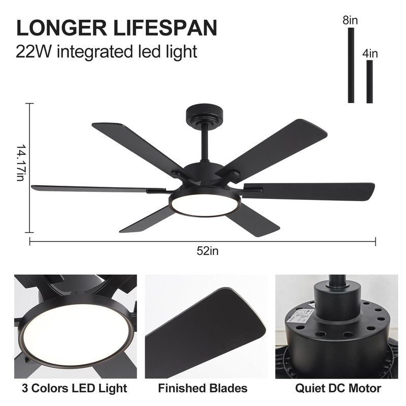 oooYYDSxxx 52in Black Low Profile Ceiling Fan with Light, Remote Control, 6 Blades, Dimmable LED, Flush Mount, Reversible, 6 Speeds, Ultra Quiet, Indoor Use, Bonus Wall Switch, Outdoor Rated
