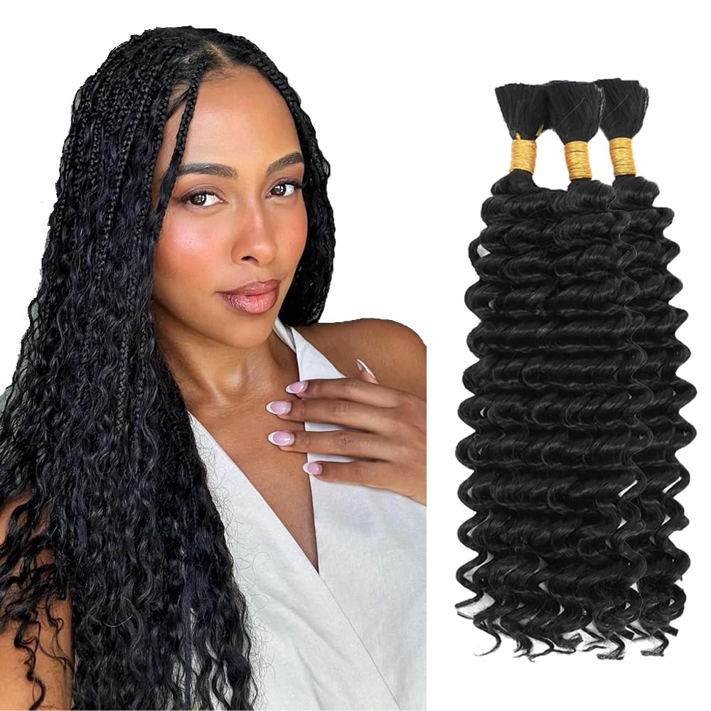 #1B Black Human Hair Braiding Hair For Boho Braids 18 18 18 Inch Natural Color Deep Wave Bulk Human Hair Unprocessed Brazilian Virgin Hair 3 Bundle 50 Gram Per Bundle No Weft Extensions