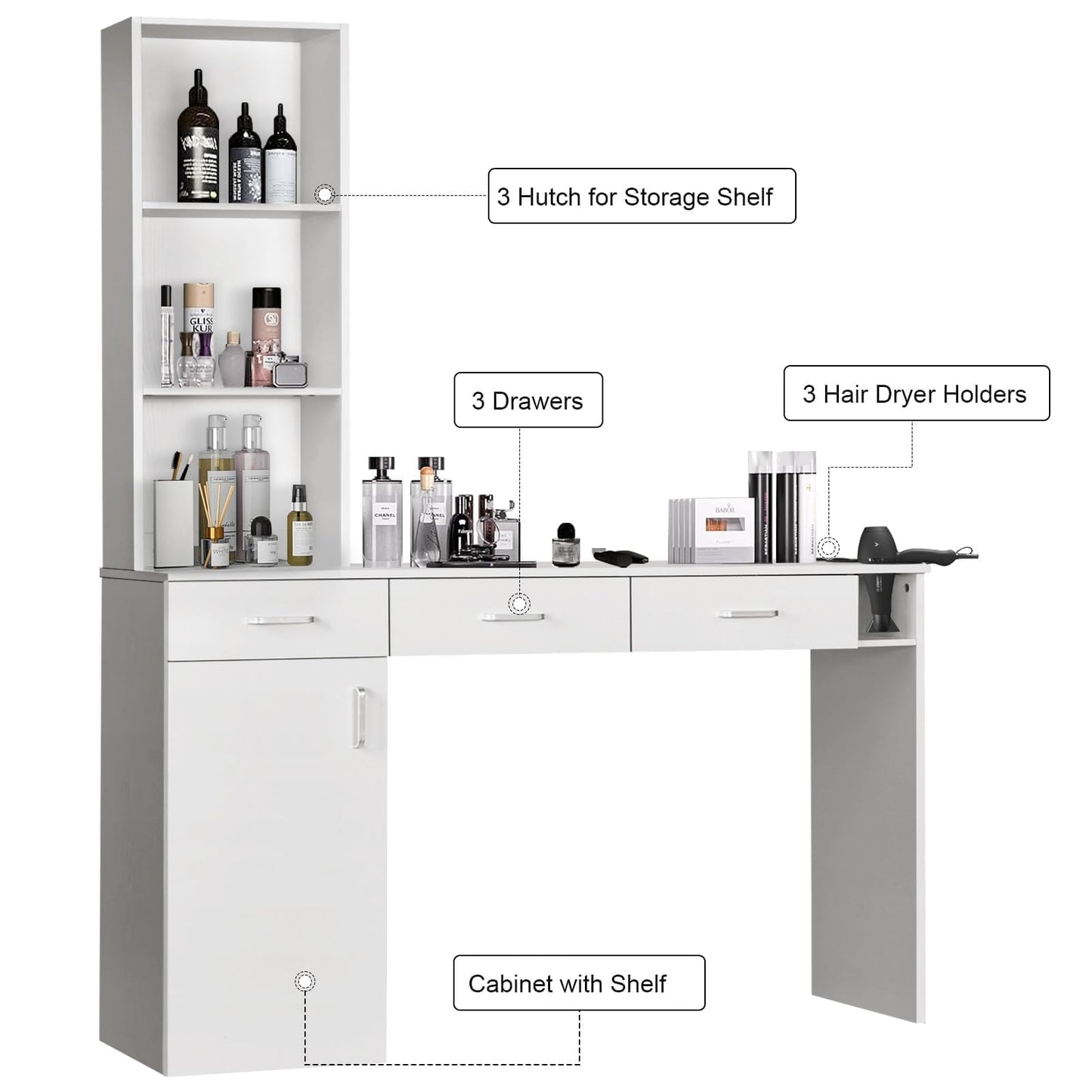 4ever2buy Hair Salon Station for Hair Stylist, Salon Wall Station with Barber Cabinet, Barber Stations Equipment Hair Dryer Holder, Drawers (White)
