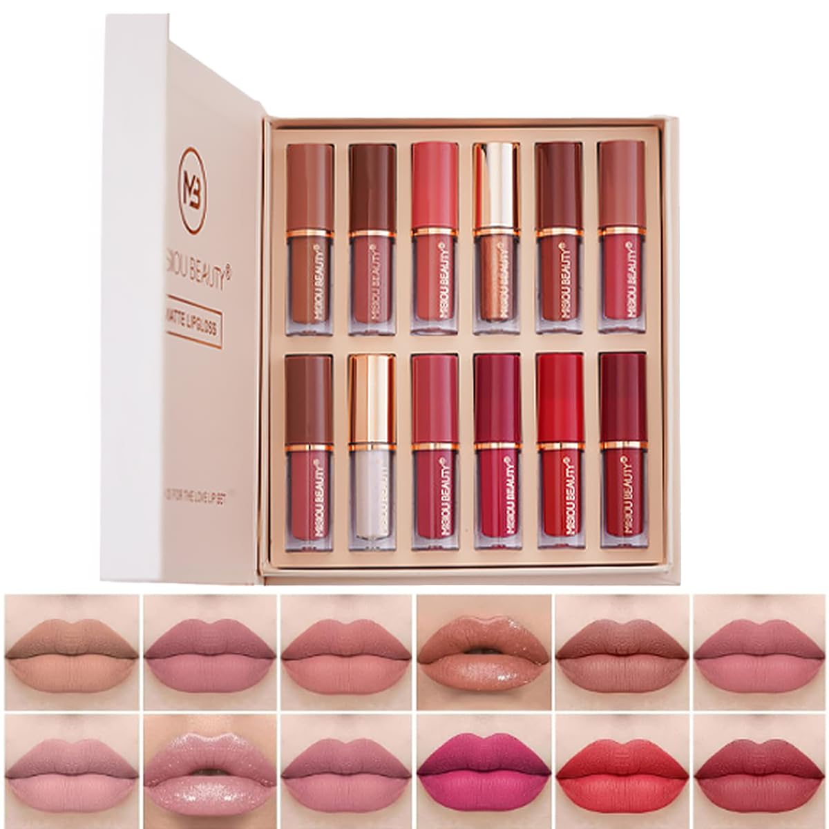 Baorder 12Pcs Velvet Matte Liquid Lipstick Set, Non-Stick Cup Nude Lip Stain Kit,Waterproof Long Lasting Quick-drying Matte and Glitter Lip Gloss,Lip Makeup Gift Kit for Women