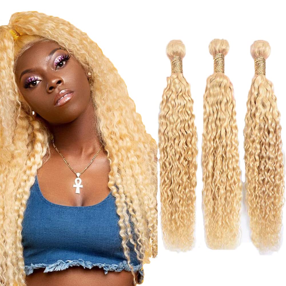 AuokMar Blonde Bundles Human Hair 613 Kinky Curly 3 Bundles 18 20 22 inch Brazilian Virgin 613 Blonde Curly Bundle Human Hair Extensions