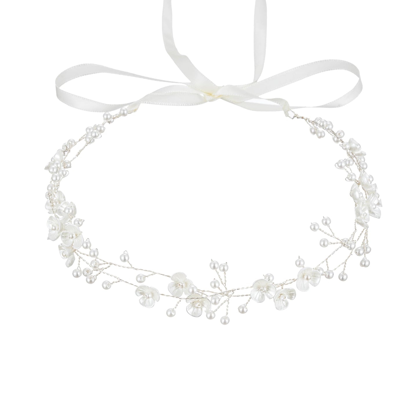 527&huan White Flowers Pearls Bridal Headband, Handmade Silver Wire Woven Wedding Hair Vine with Satin Ribbon, Lightweight Wedding Hair Accessory for Bride Flower Girl Bridesmaid Prom Pageant
