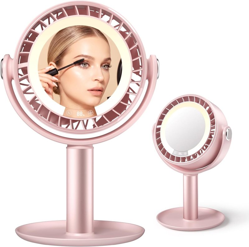 3-in-1 Makeup Fan - Cordless LED Light & Mirror for Skincare | Quiet Rechargeable Beauty Tool in Pink
