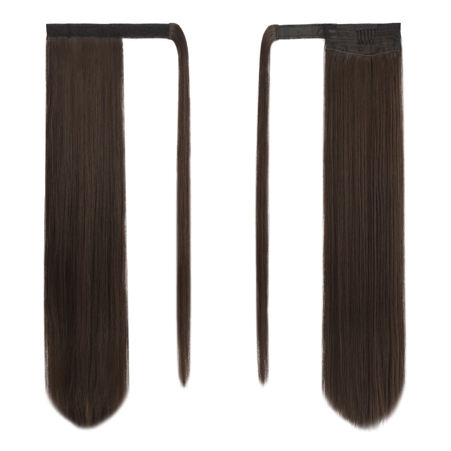 Dark Brown Straight Ponytail Extension - 28 Inch Clip-In Hairpiece for Women | Synthetic Wrap Around Style