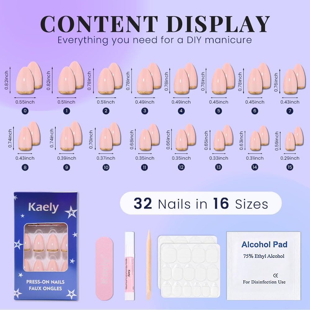 Nude Pink French Press-On Nails - Short Almond Shape | Reusable Soft Gel with Gold Foil Design