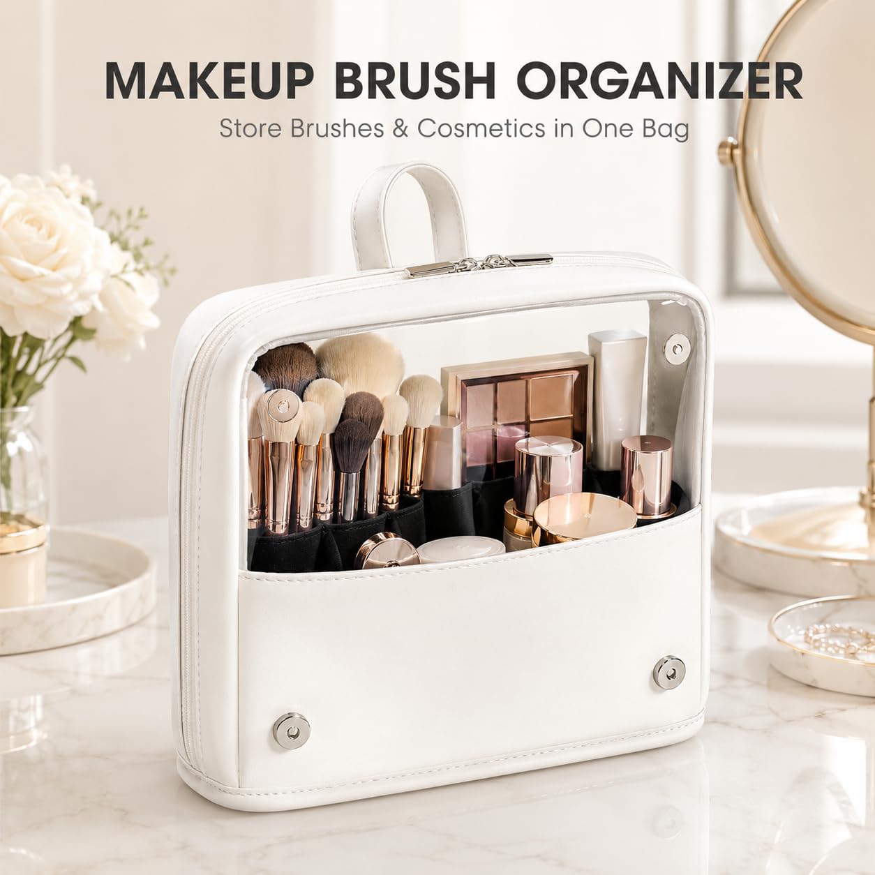 YDR Clear Makeup Brush Bag, High Capacity Stand Up Makeup Brush Holder, Travel Professional Cosmetic Brush Organizer Case, Foldable Makeup Tool Bag for Women and Artists