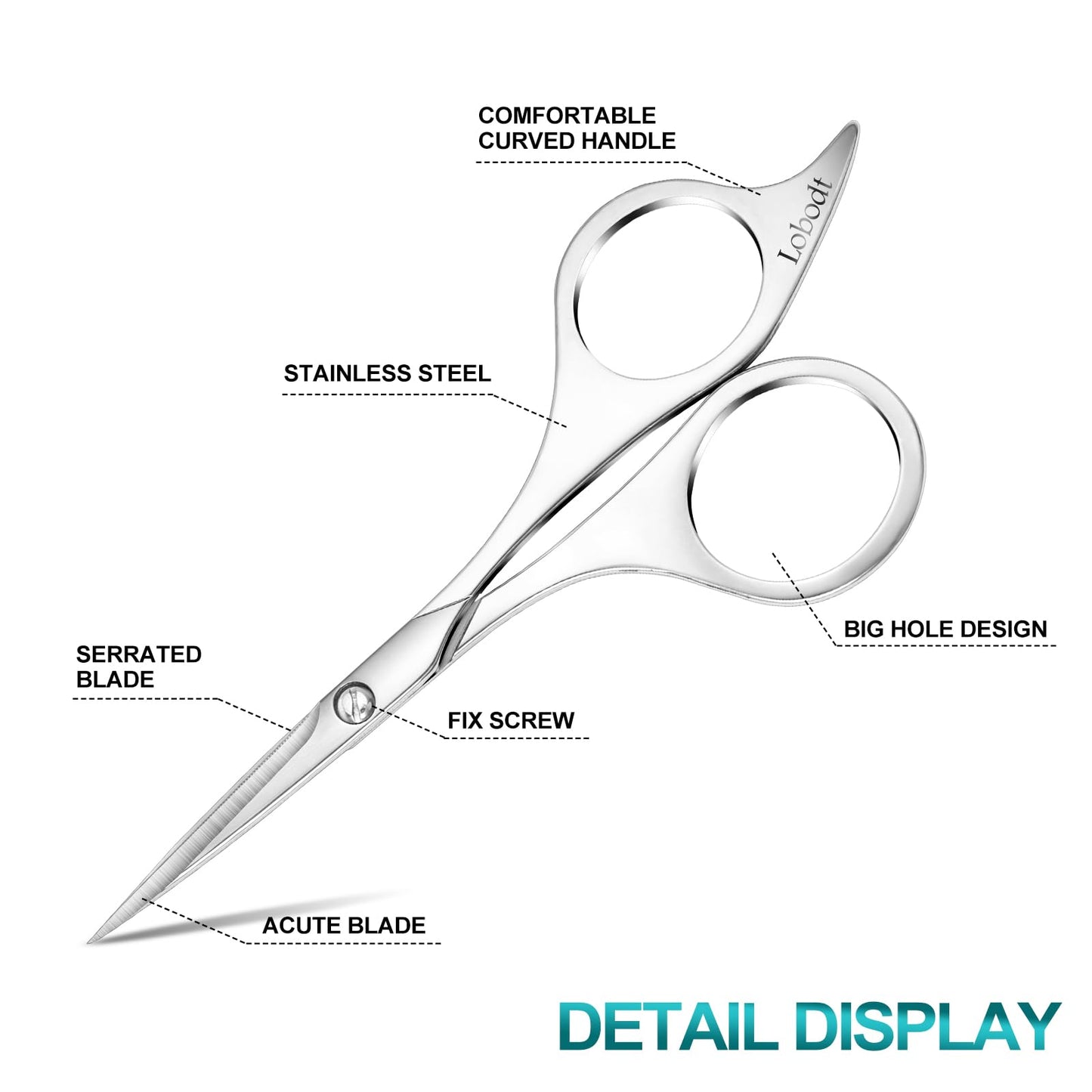 Lobodt Professional beard scissors, 4.9-inch (silver) small pointed stainless steel hairdressing scissors, Moustache Trimming，suitable for personal care and beauty of both men and women