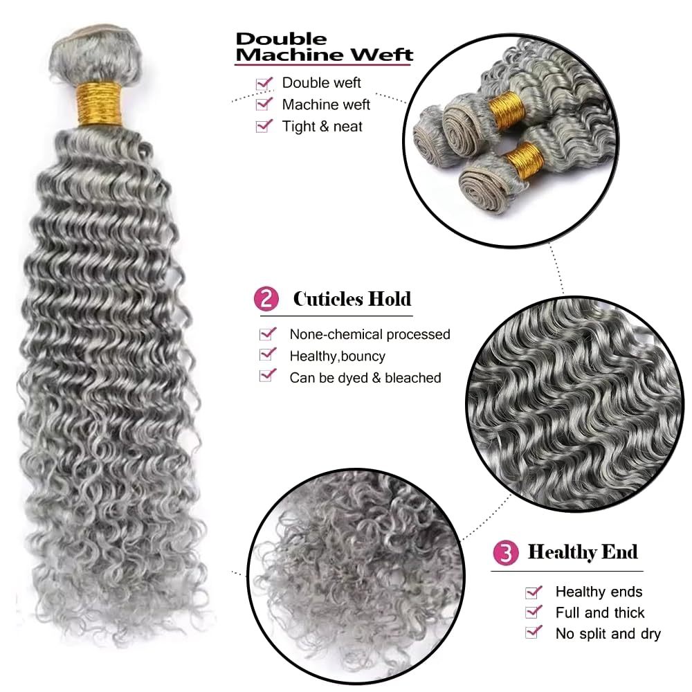 24 26 28 Inch Grey Bundles Human Hair Deep Wave 3 Bundles Brazilian Remy Hair 50 Grams/Bundle 10A Grade Unprocessed Virgin Hairs Silver Grey Deep Wave Bundle Weaves Extensions