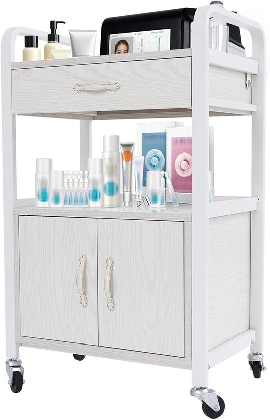 Salon Storage Trolley Cart - Movable Beauty Organizer with Drawers | Stylish White Hair Salon Station