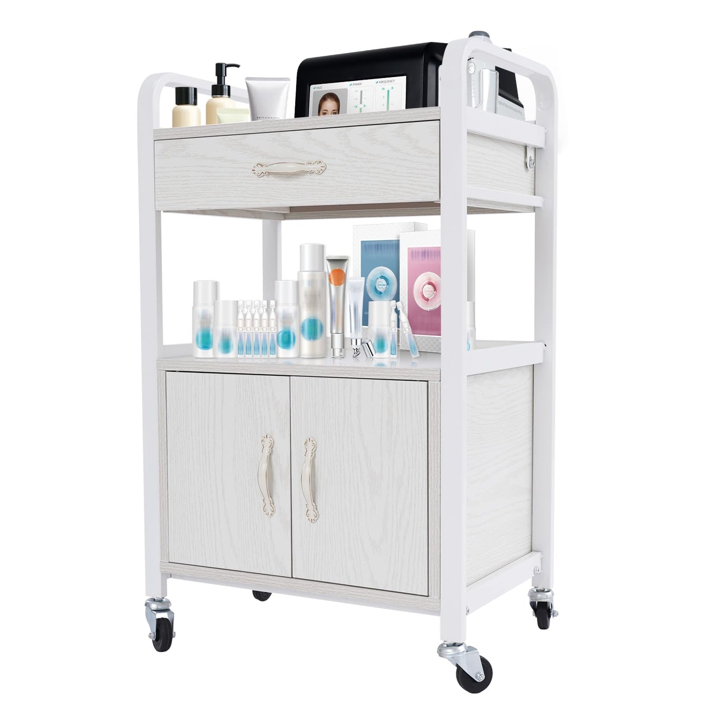 KUMOYOU Rolling Salon Storage Trolley Cart, with Drawers Movable Beauty Organizer, Hair Salon Station Cabinet for Stylist, Barber Shop,Home (White)