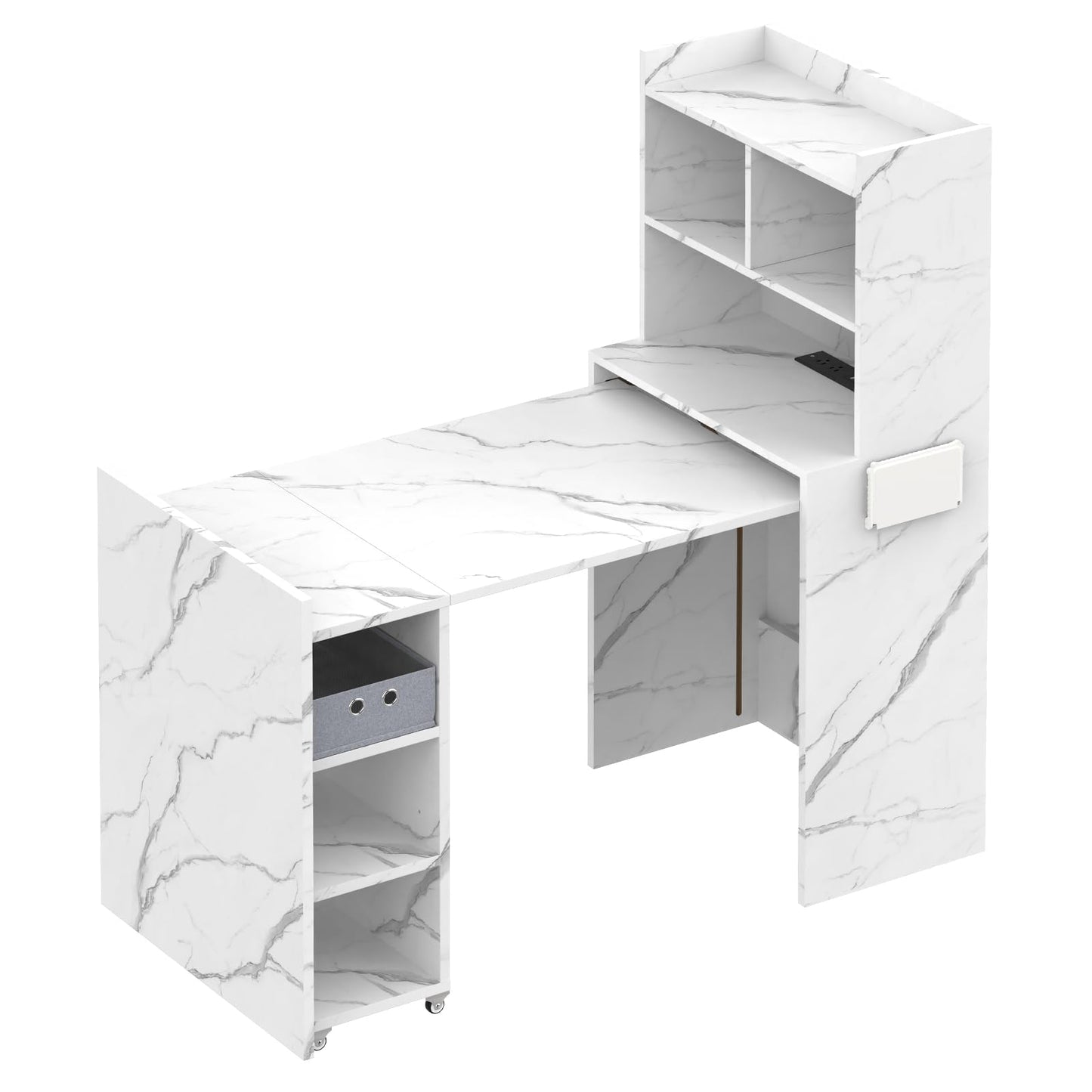 HolaiNail Foldable Manicure Table, Modern Nail Tech Table Nail Desk with Charging Station, Storage Shelf & Fabric Drawer, Wall Mount Nail Station Extendable Multipurpose Table for Home Office, White