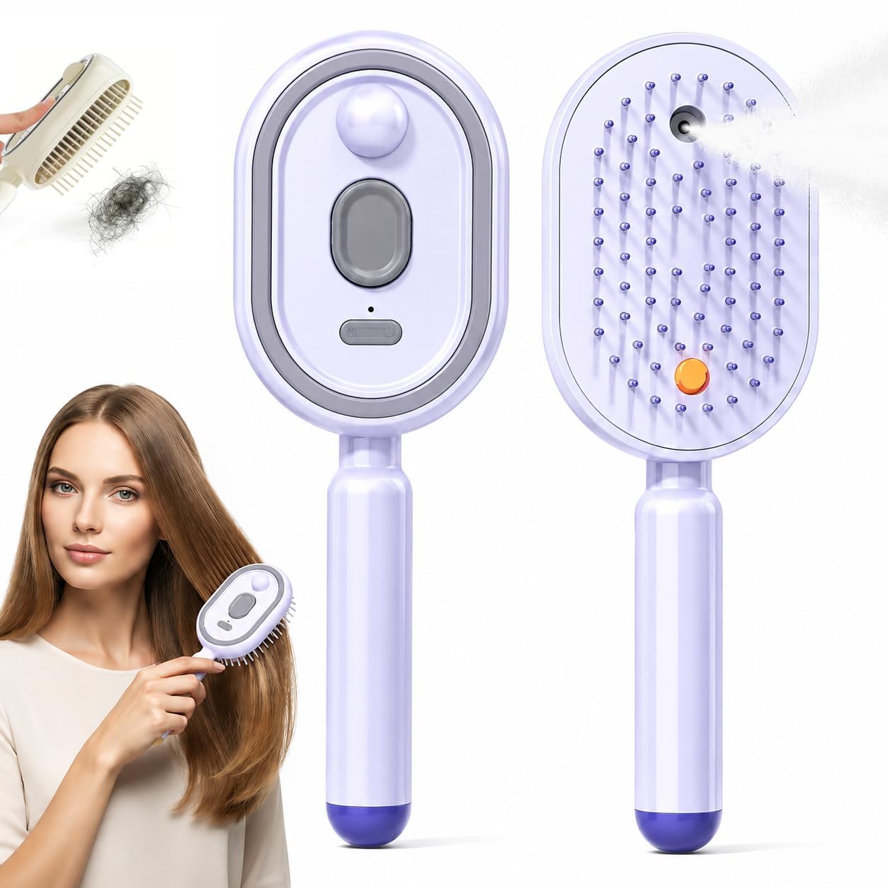 Rechargeable Electric Steam Hair Brush with 10ML Refillable Water Tank, Red Light Scalp Care Detangling Comb, Retractable Design for Frizz Control (Purple)