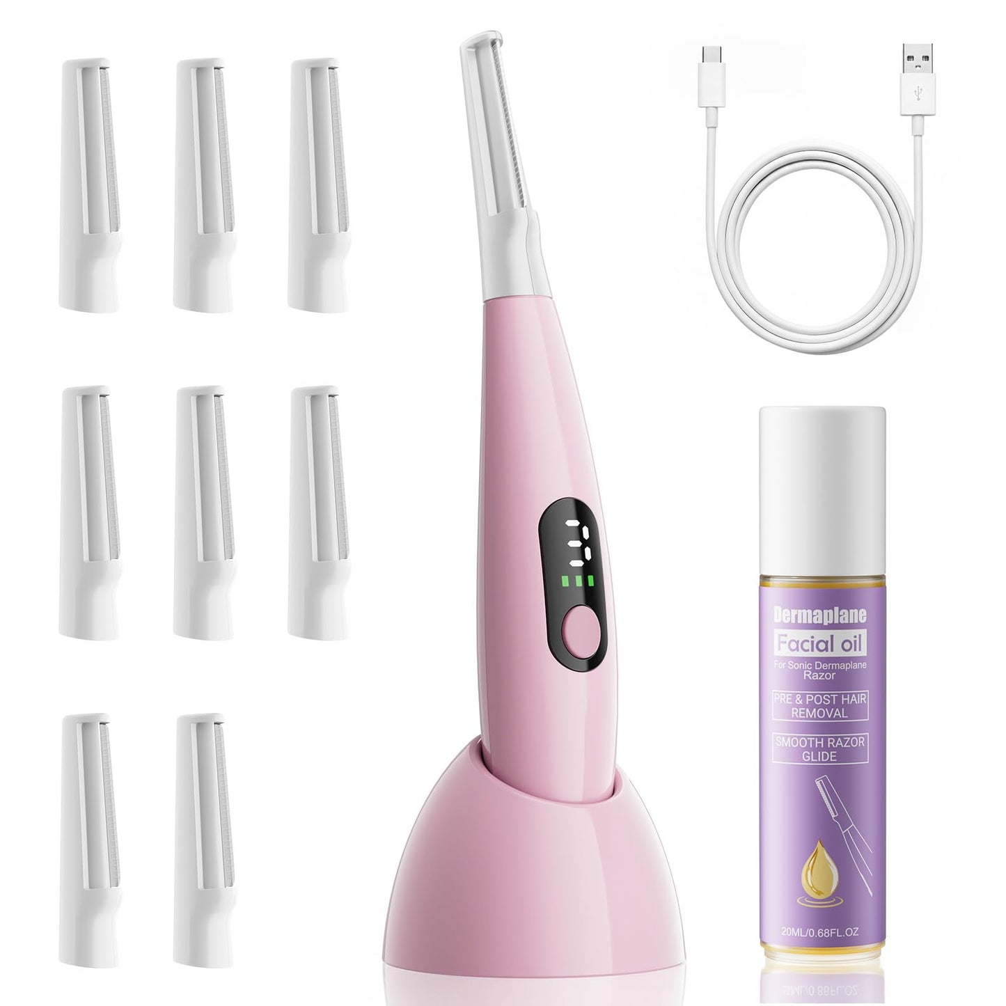 Sonic Dermaplane Razor for Women Face, Gentle Peach Fuzz Removal & Exfoliation with 3 Speeds, Rechargeable Dermaplaning Tool with 8 Blades & Facial Oil