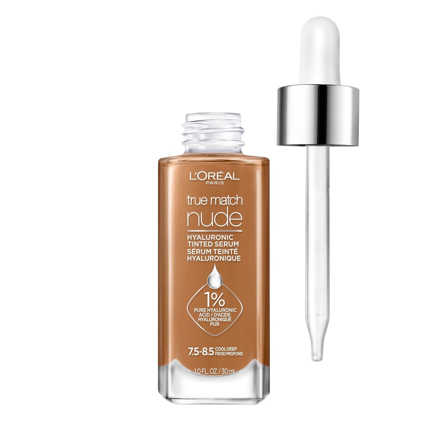 L'Oreal Paris True Match Nude Hyaluronic Tinted Serum Foundation - 1% Hyaluronic Acid, Cool Deep 7.5-8.5, 1 fl. oz.