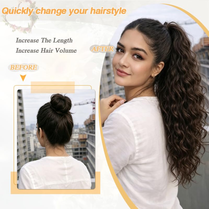 Q-siwuu 24'' Rich Brown Curly Drawstring Ponytail Extension for Women