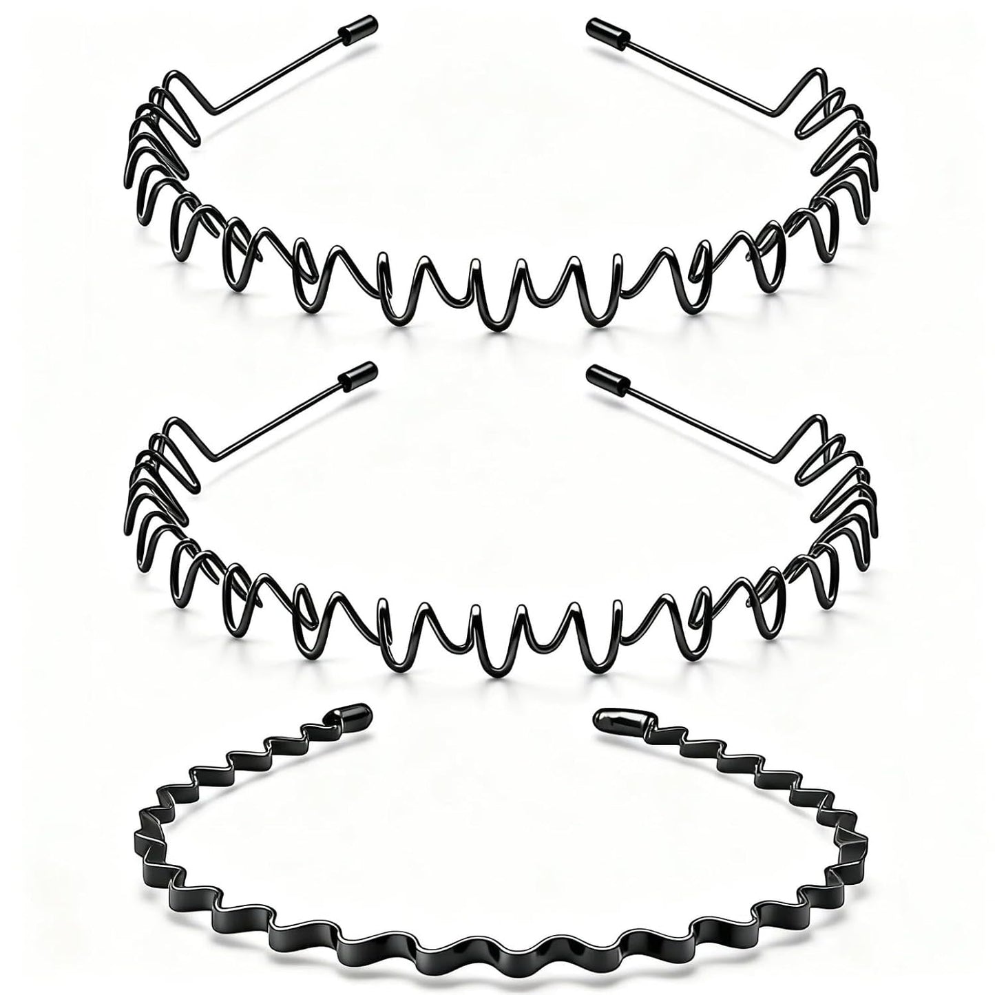 Adjustable Metal Headbands for Men & Women - Non-Slip Zigzag Design | 3 Pack Black Sports Hairbands for Running & Workouts