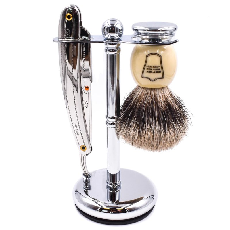 Parker Deluxe Chrome STRAIGHT RAZOR & SHAVE BRUSH Stand – Heavyweight Chrome-Plated Holder with Non-Slip Rubber Base – Fits Straight, Barber Razors & 20–25 mm Shaving Brushes – Wet Shaving Organizer