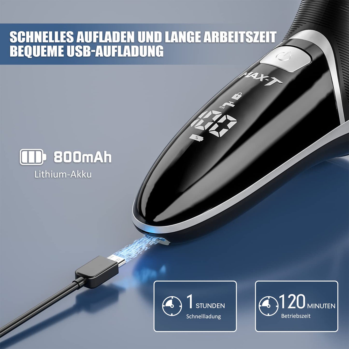 Electric Shaver Razor for Men, MAX-T Quick Rechargeable Wet Dry Rotary Shaver with Pop Up Trimmer and LED Display, IPX7 100% Waterproof (8101 with USB Cable)