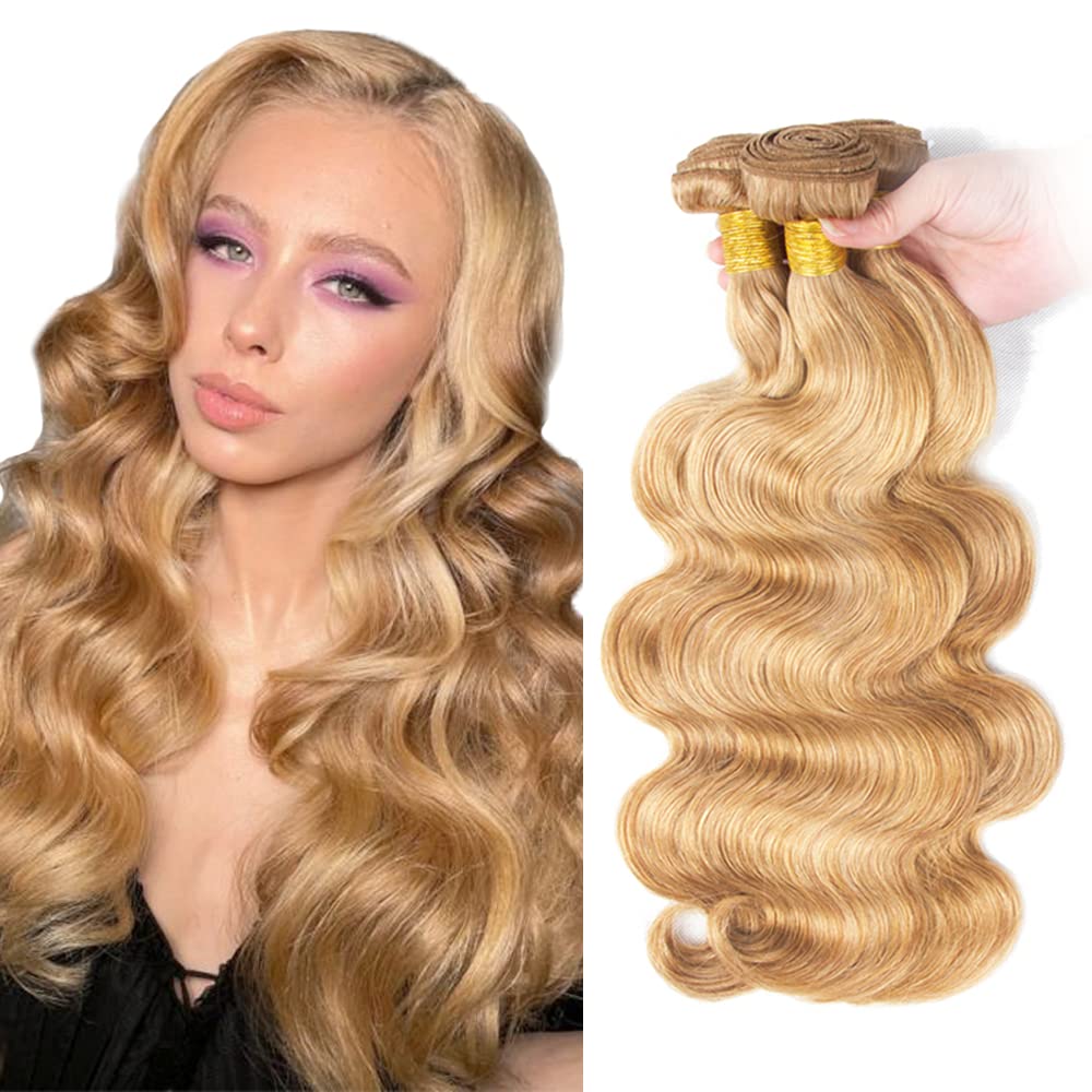 P27/613 Hilight Blonde Bundles Human Hair Body Wave Bundles 16 16 16 Inch Body Wave Bundles Unprocessed Brazilian Virgin Hair Deals Quick Weave Hair Extensions 3 Bundle 50 Gram Per Bundle