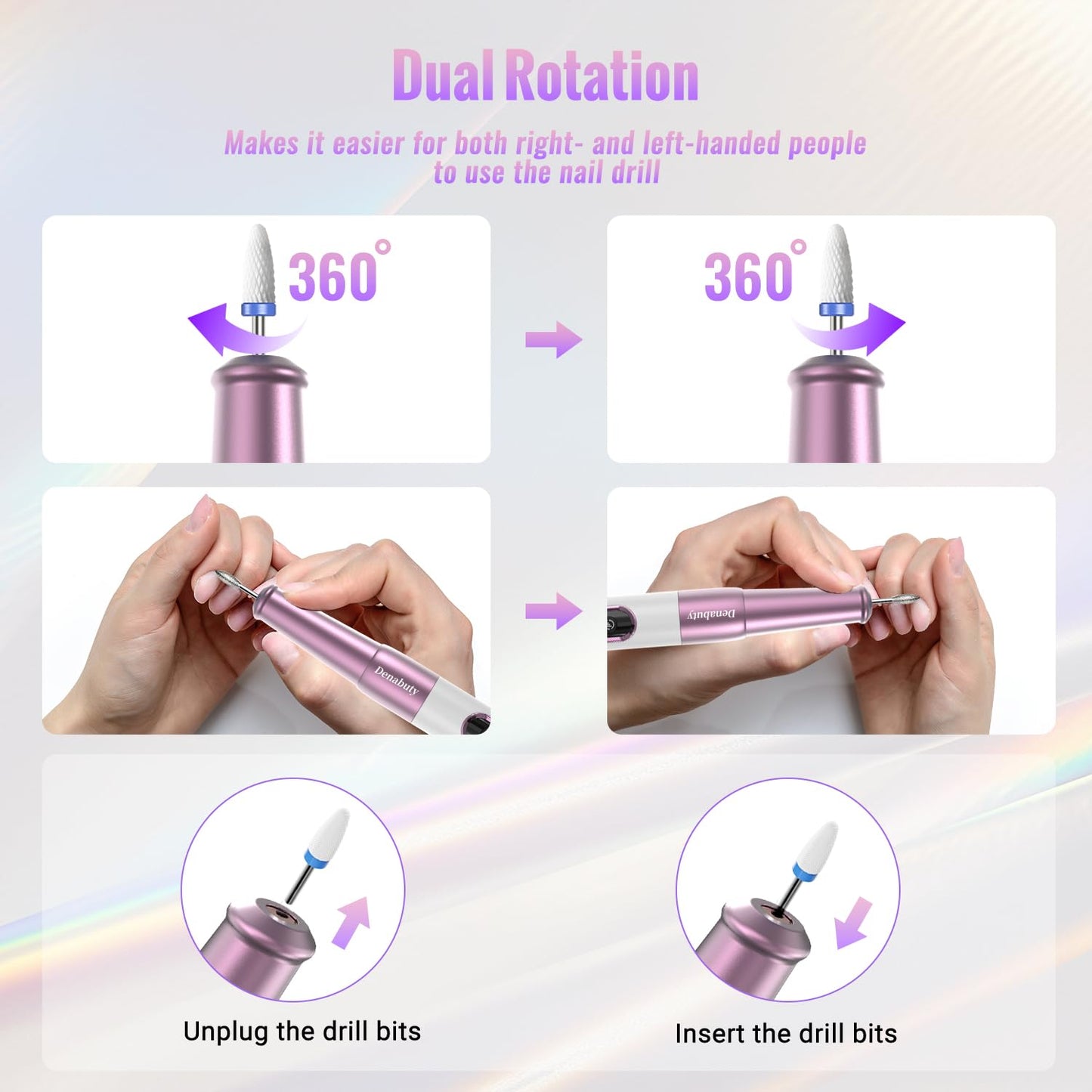 Electric Nail Drill - Cordless 12-in-1 Professional E-File with LED Display | Portable Rechargeable for Gel & Acrylic Manicure, Purple