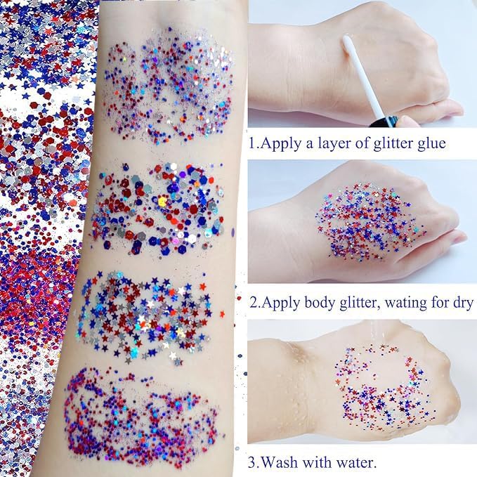 Patriotic Body Glitter Set - Red, White & Blue USA Flag Face Glitter with Glue | 4 Holographic Jars for 4th of July Outfits