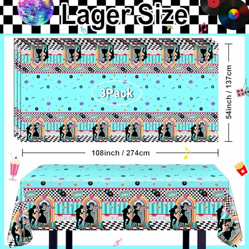 50s Theme Tablecloths - 3 Pack Plastic Table Covers for Parties