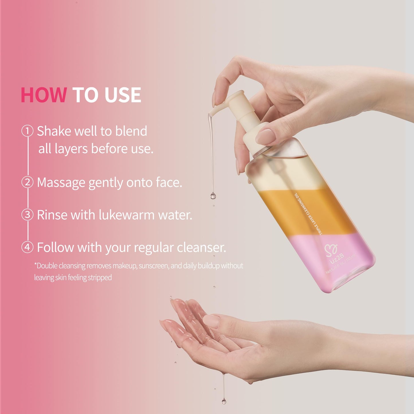UZ2B Triple Layer Cleansing Oil – Oil, Serum & Water Layers | Deep Cleanse Makeup, Sunscreen & Blackheads | Hydrating with Centella & Jojoba Oil | Korean Skincare 185 ml / 6.26 fl. oz.