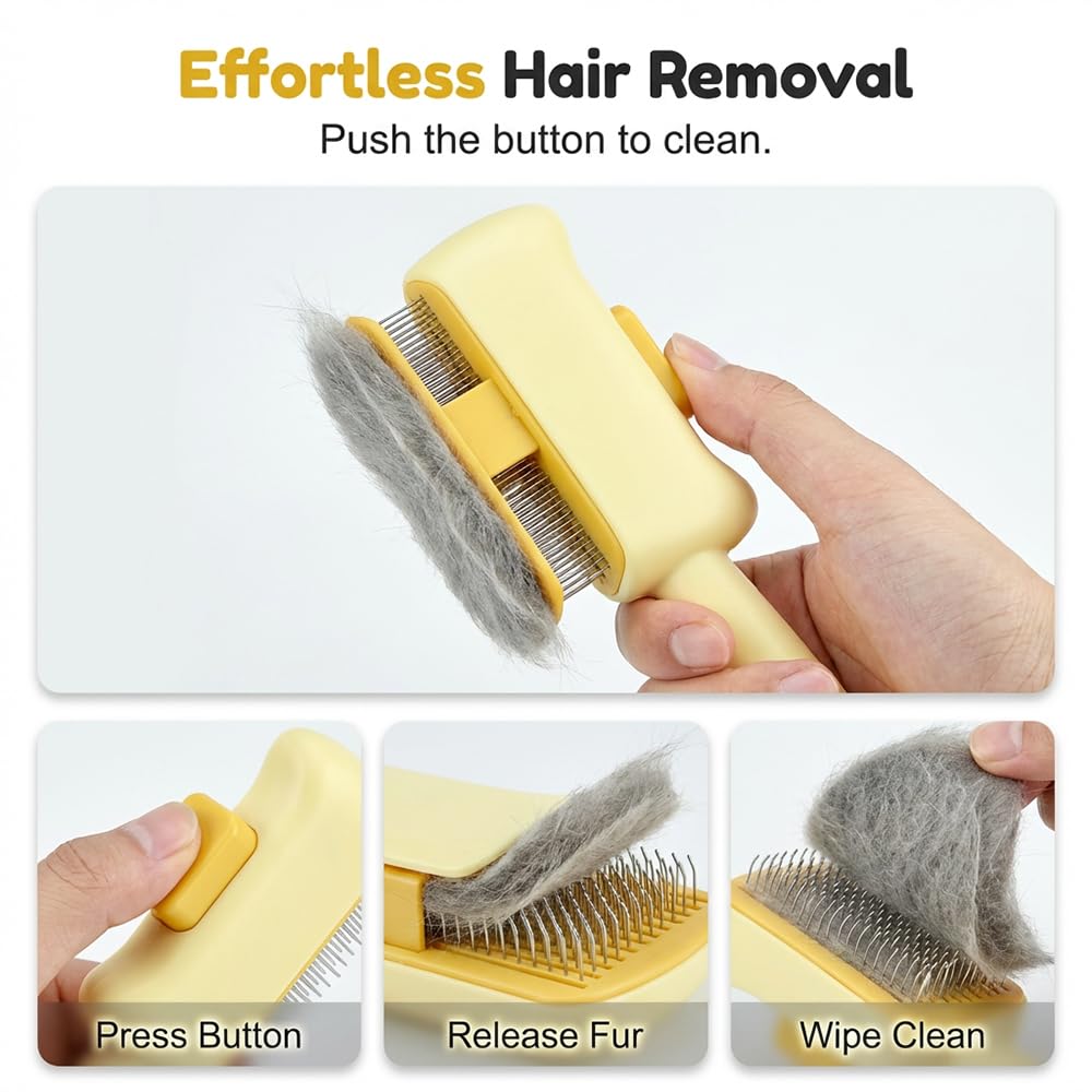 Spwejsr Cat Self Cleaning Pet Hair Removal Comb, One-Click Self-Cleaning Brush with Stainless Steel Teeth & Release Button, De-Shedding Comb for Cats & Dogs Long & Short Hair (Green- High-Low Teeth)