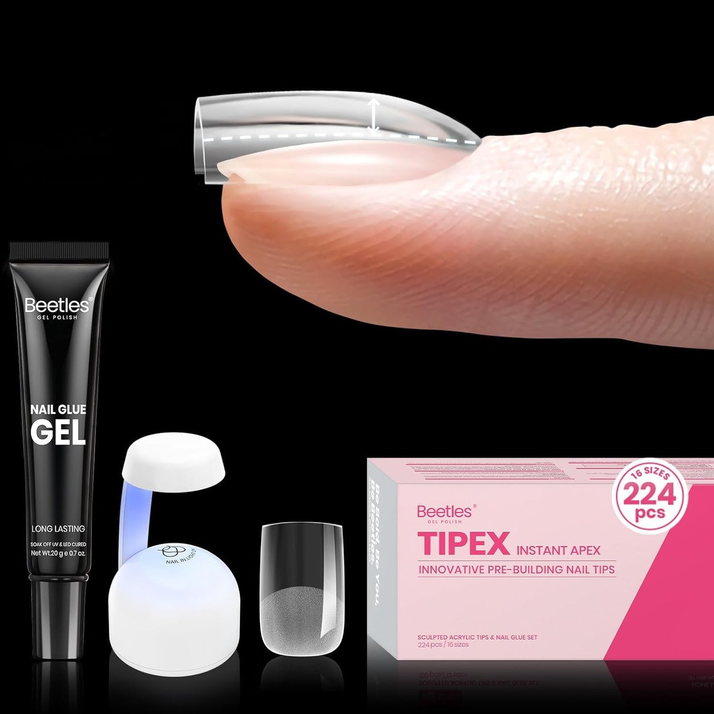 Beetles Tipex Gel Nail Kit - 224 Pcs Extra Short Square Nail Tips with Mini Lamp & Glue | 16 Sizes