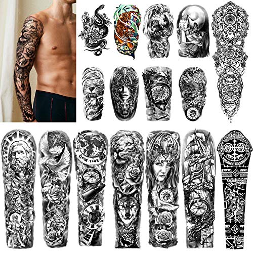 Green Waterproof Full Arm Temporary Tattoos - 16 Sheets for Men & Women
