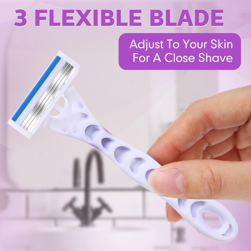 Leriton 24 Count Women's Disposable Razors Bulk Purple 3 Blade Sensitive Skin Bikini Line Razor for Bathing Hotel Travel