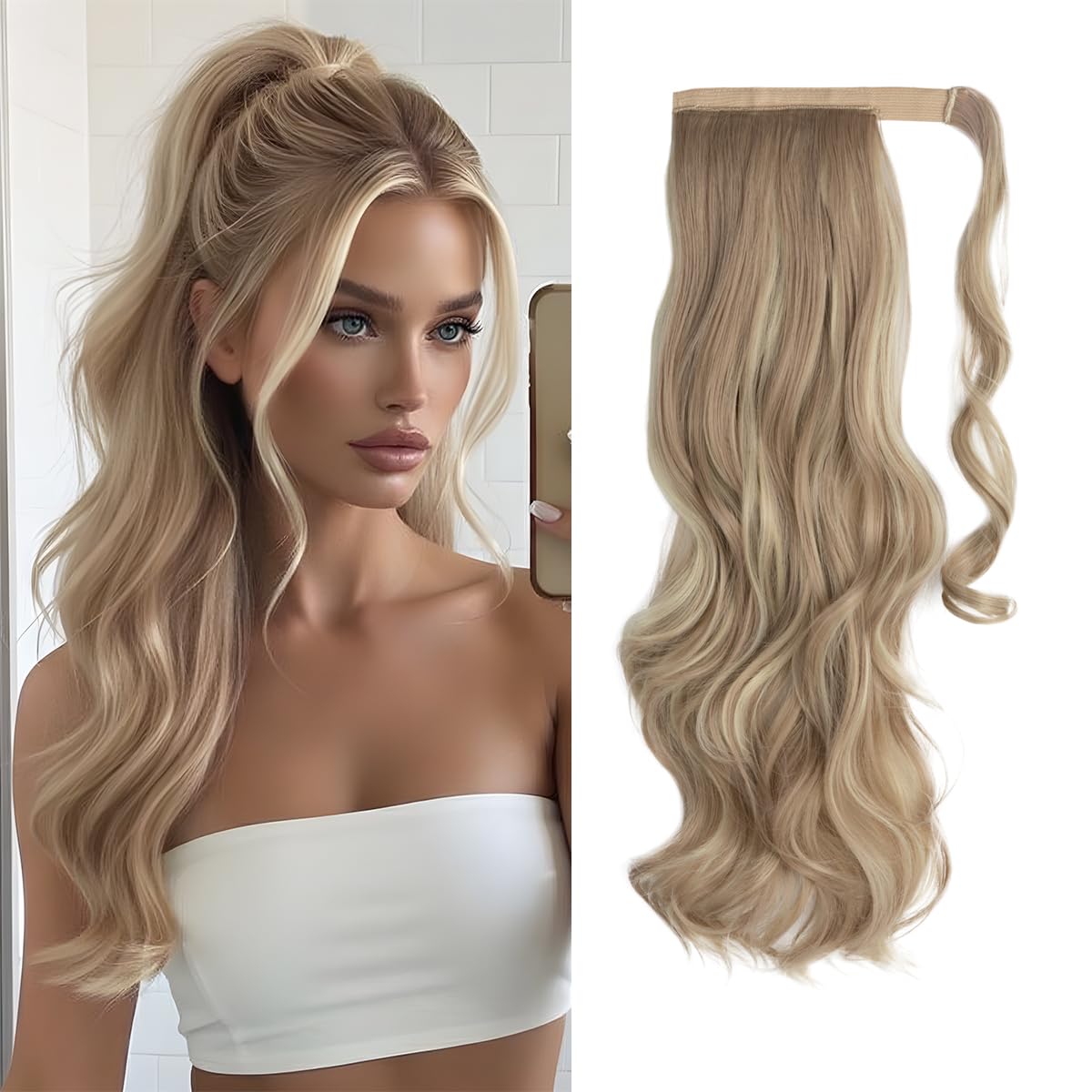 22-Inch Curly Wavy Ponytail Hair Extension - Clip-In Synthetic Hairpiece for Women | Dirty Blonde