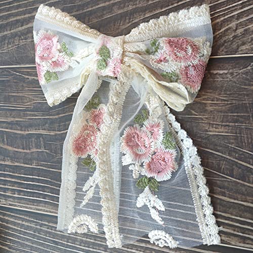 Beige Large Lace Bow Hair Clip with Pink Flower - Honkenda 1 Pack