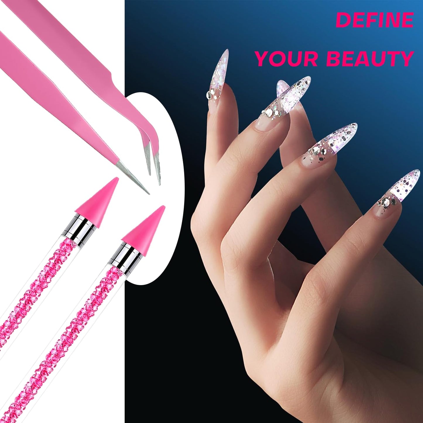 8 Pink Rhinestone Picker Tool Set - 2 Pcs Dual-Head Wax Pens with 2 Wax Tips and 2 Pink Tweezers, Wax Pencil for Rhinestones, Crystal Diamond Pickup Tool for Nail Art, Gem and Crystal Application Kit