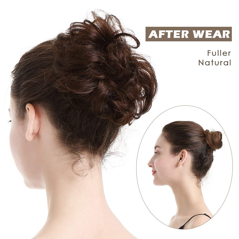 BARSDAR 100% Human Hair Bun Extension - Elastic Wavy Curly Messy Bun Scrunchies for Women - Brown Blonde Real Human Hair Updo Extensions Thick Fluffy Chignons Hairpieces - Brown mix Blonde