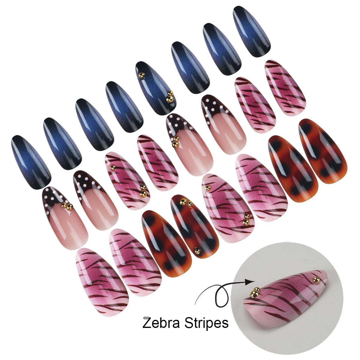 Short Almond Press-On Nails - 24 Pcs French Tip with Leopard Print & Gold Beads | Reusable Acrylic Nail Designs for Women