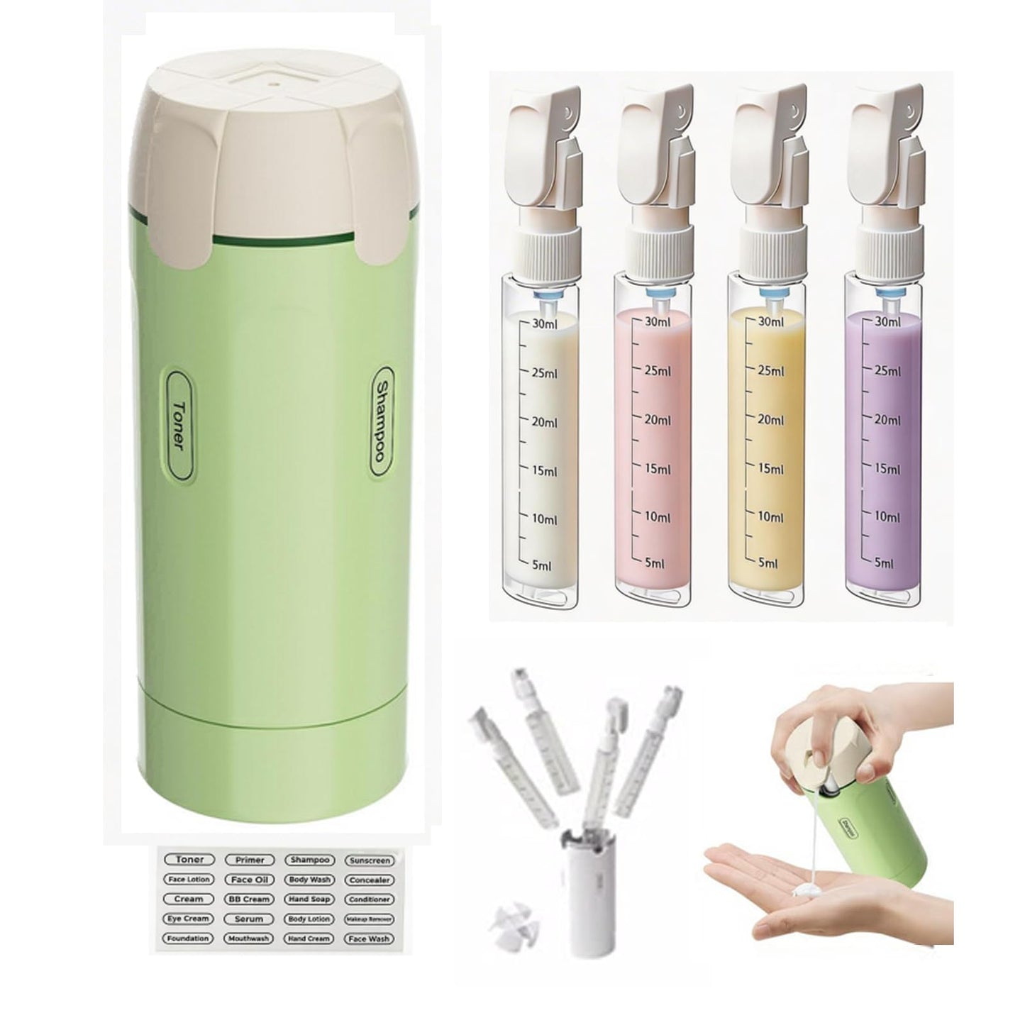 4 in 1 Travel Dispenser Bottle,4 Pack 30ML Travel Bottles for Toiletries, Leak Proof Travel Size Containers (Light Green, OneSize)