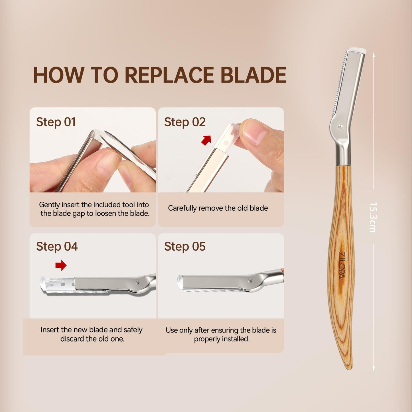 ZiLORA Wooden Eyebrow Razor - 8 Replacement Blades & Leather Pouch - Precision Eyebrow Trimmer & Dermaplaning Tool for Face Peach Fuzz, Lip Hair - Safety Mesh Guard