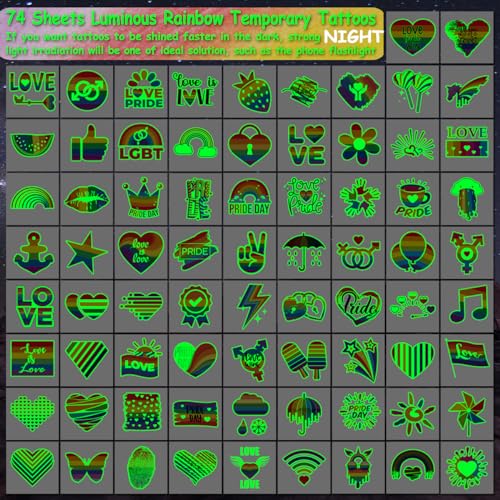 CHARLENT Glow in The Dark Rainbow Temporary Tattoos - Waterproof & Easy to Remove, 74 Styles for Pride & Parties
