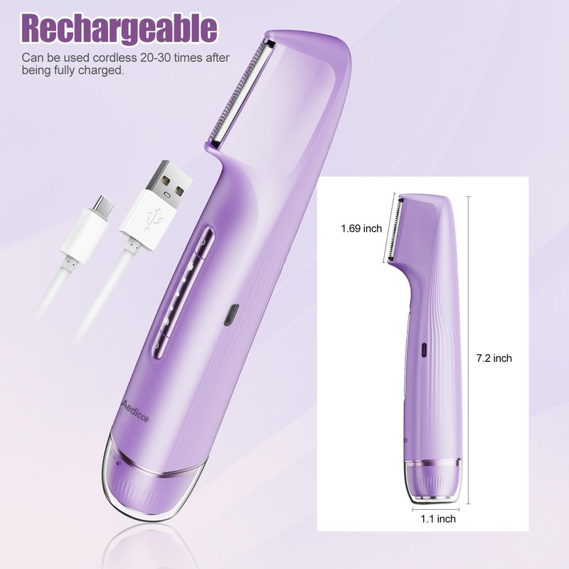 Bikini Trimmer for Women 2 in 1, Dual Head Womens Electric Shaver, Electric Razors for Pubic Hair, IPX7 Waterproof Rechargeable Facial Hair Removal for Shaving Underarm Leg Arm Body Face, Light Purple
