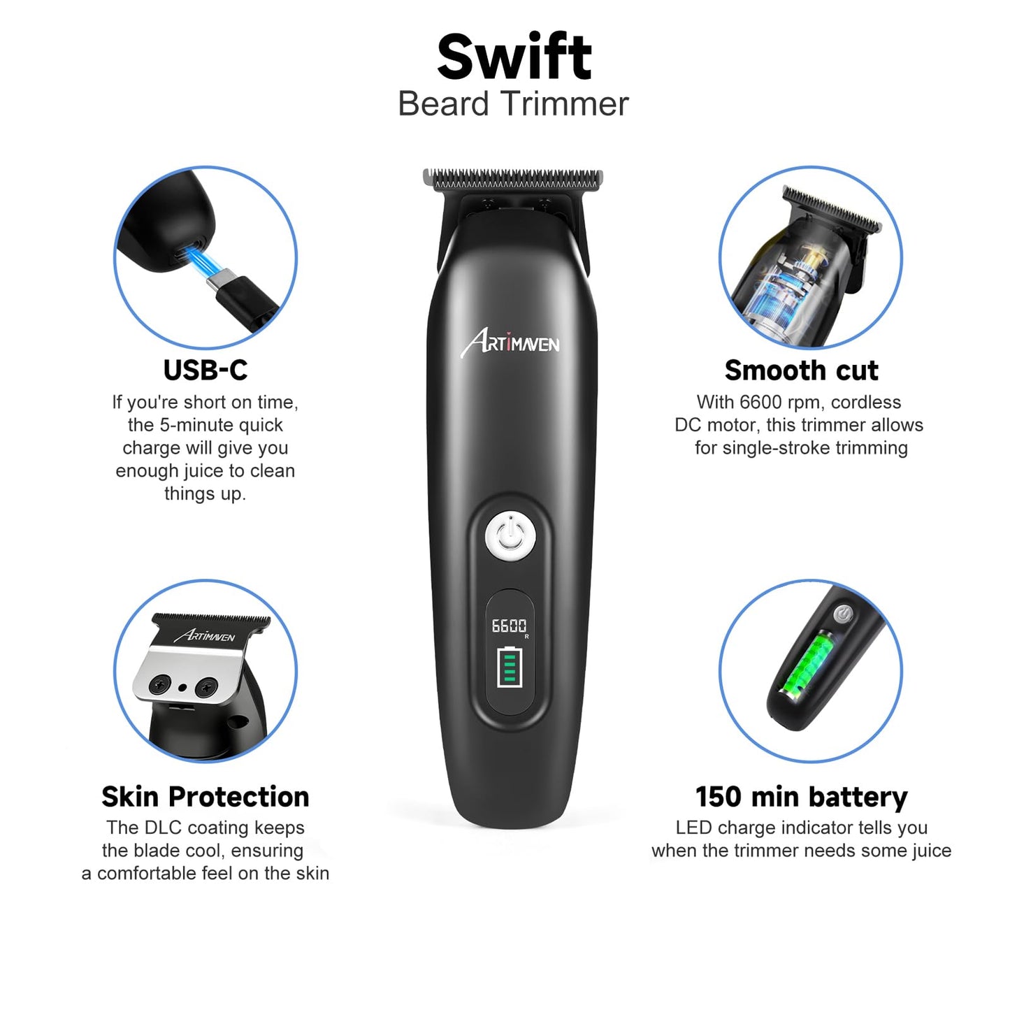 Artimaven Beard Trimmer for Men, USB-C Cordless Beard Trimmer with DLC Precision Blade, 150-Min Runtime, Compact Lightweight Travel Trimmer for Beard, Detail & Body Grooming with Toiletry Bag