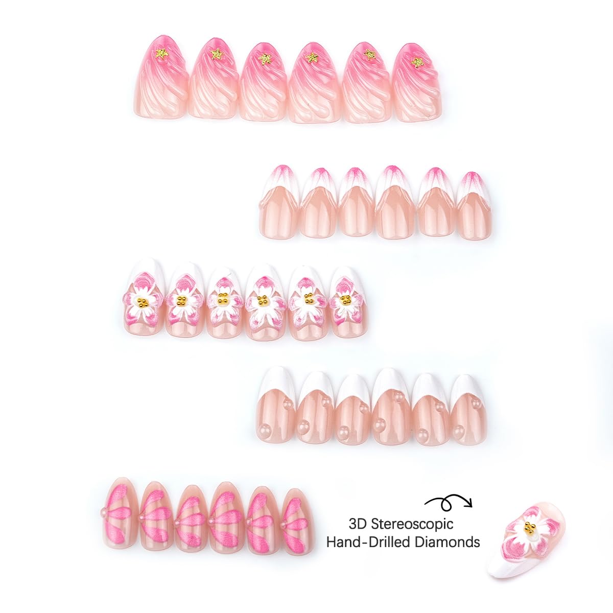 3D Pink Flower Press On Nails - Nude Pink Gradient French Tip with Water Drop & Gold Starfish Decor | Medium Almond, 30 Pcs for Weddings