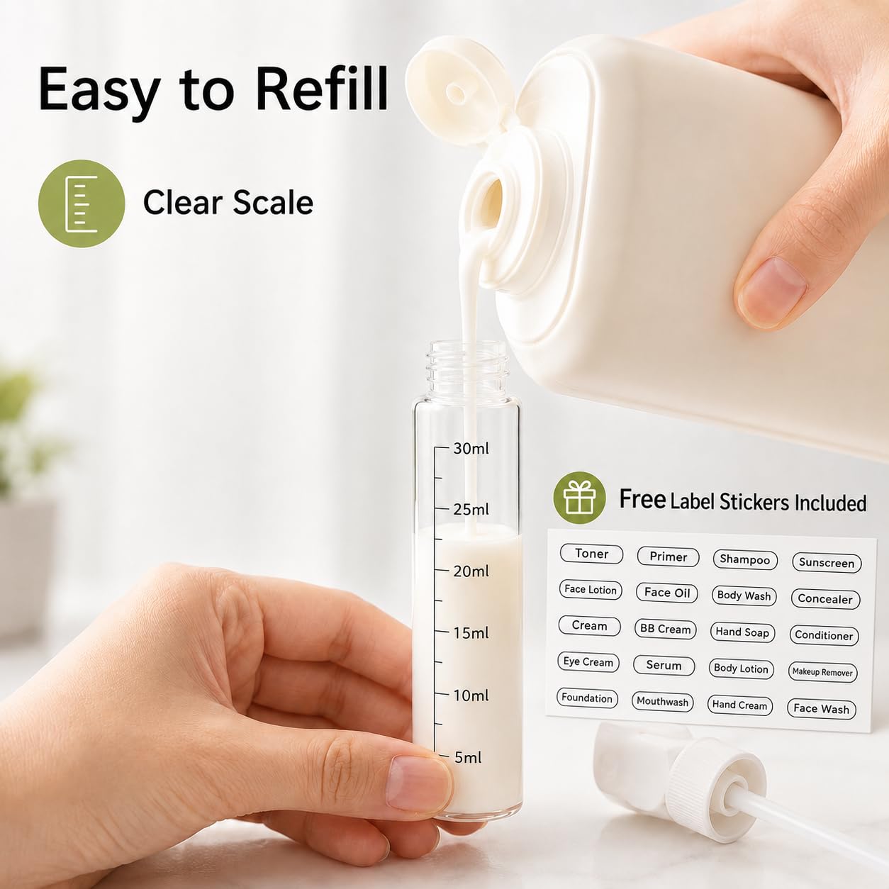 DIKJAK 4-in-1 Detachable Travel Dispenser Bottles Set Foldable Pump Leak-Proof, Carry-On Compliant 30ml/1OZ Refillable Containers for Shampoo Lotion Body Wash with Protective Case