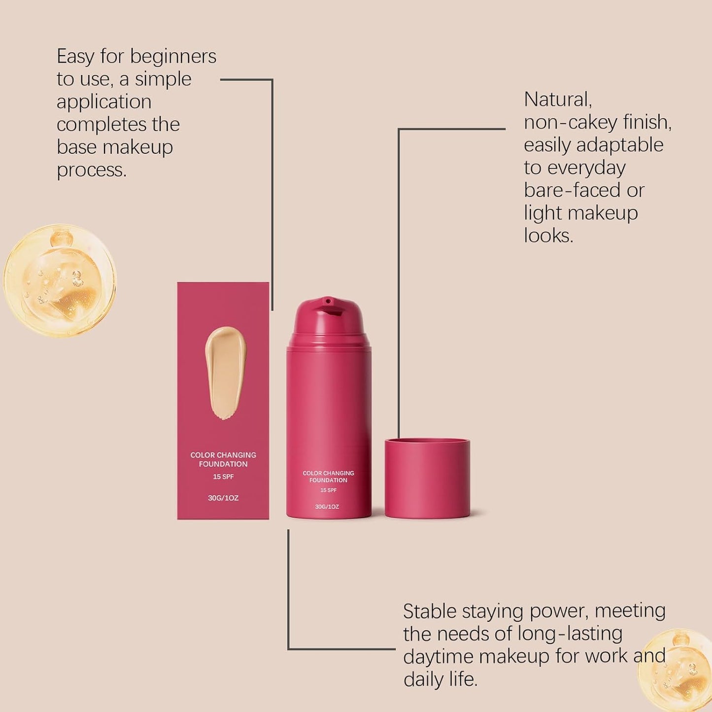 Color Changing Foundation - Skin Tone Adapting Liquid Makeup for Women | Lightweight Buildable Coverage, SPF 15