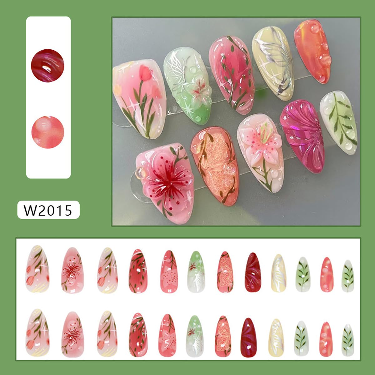 Press-On Nails - 24Pcs Pink Floral Almond Fake Nails with 3D Butterfly Designs | Medium Length, Full Cover